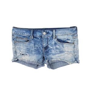 American Eagle Shorts Womens 6 Denim Y2K Stretch Distressed Logo Acid Low Cutoff